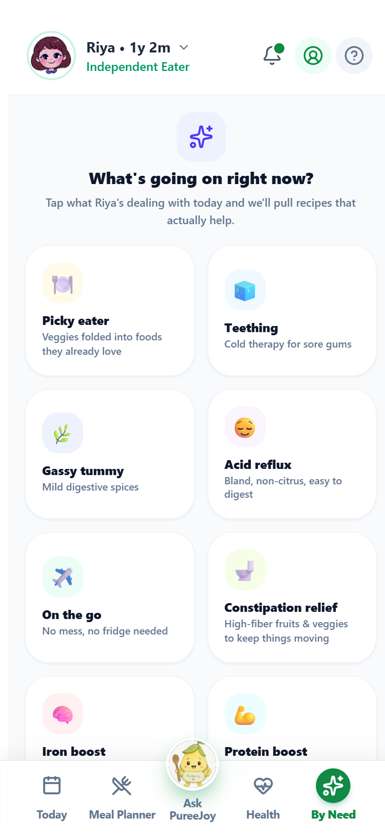PüréeJoy By Need screen — real app screenshot