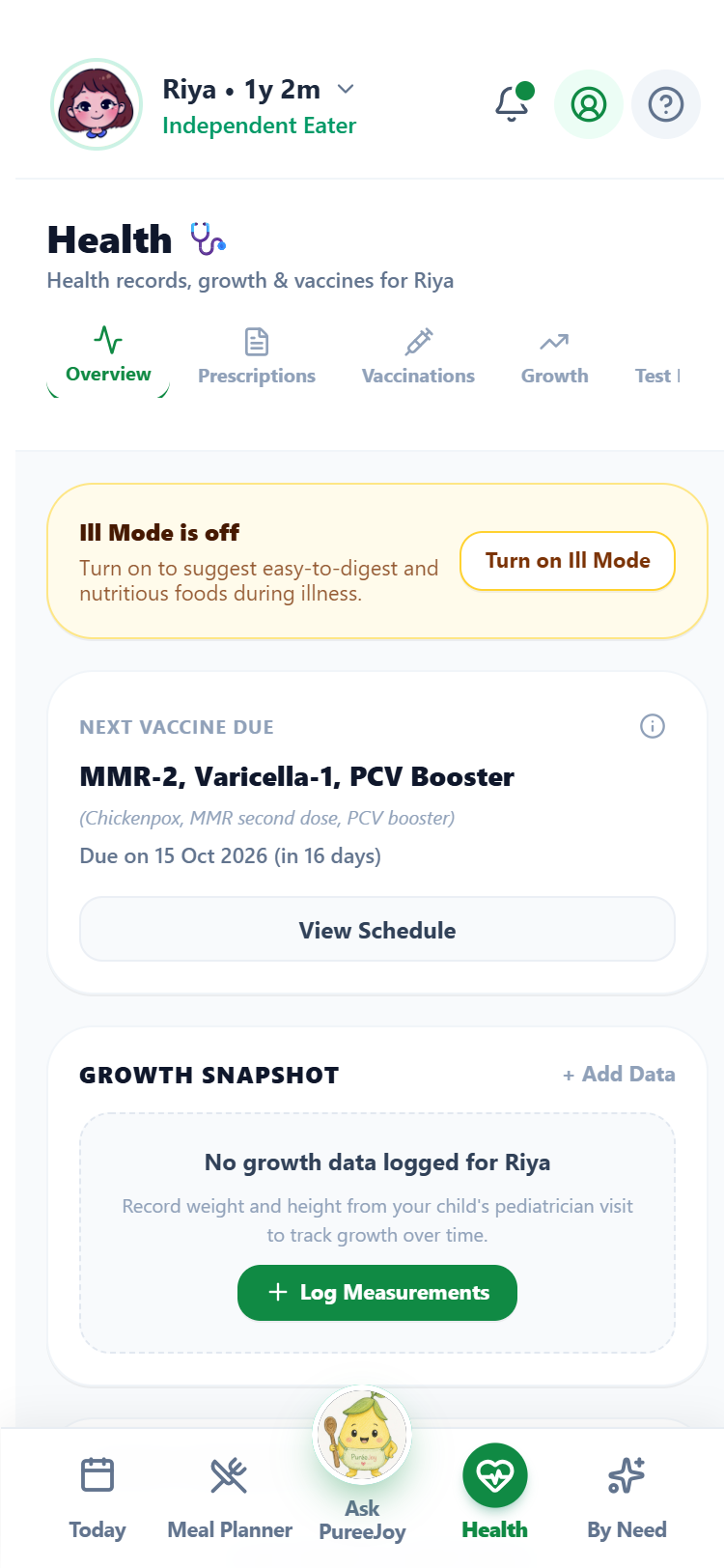 PüréeJoy Health screen — real app screenshot